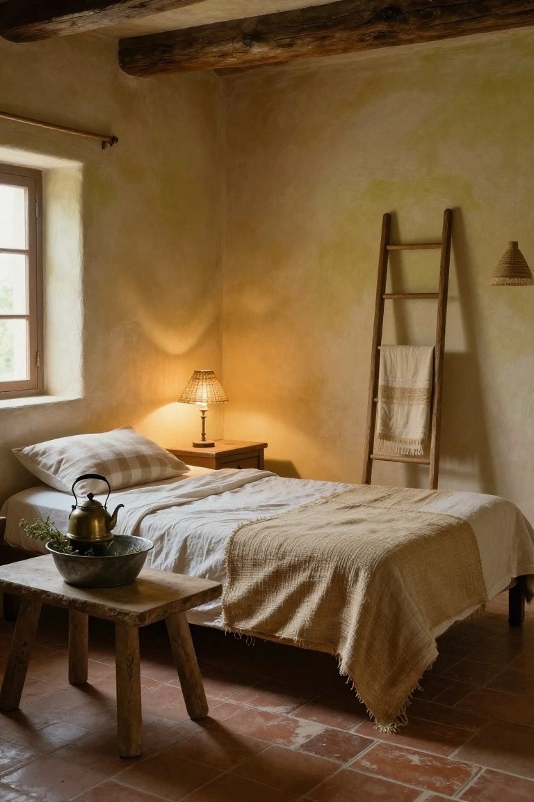 Rustic bedroom with exposed wooden beams, beige plaster walls, wooden bed with beige linens, brass teapot and plants on wooden stool, ladder draped with white towels, fringed lamp on nightstand, and terracotta tile floor.