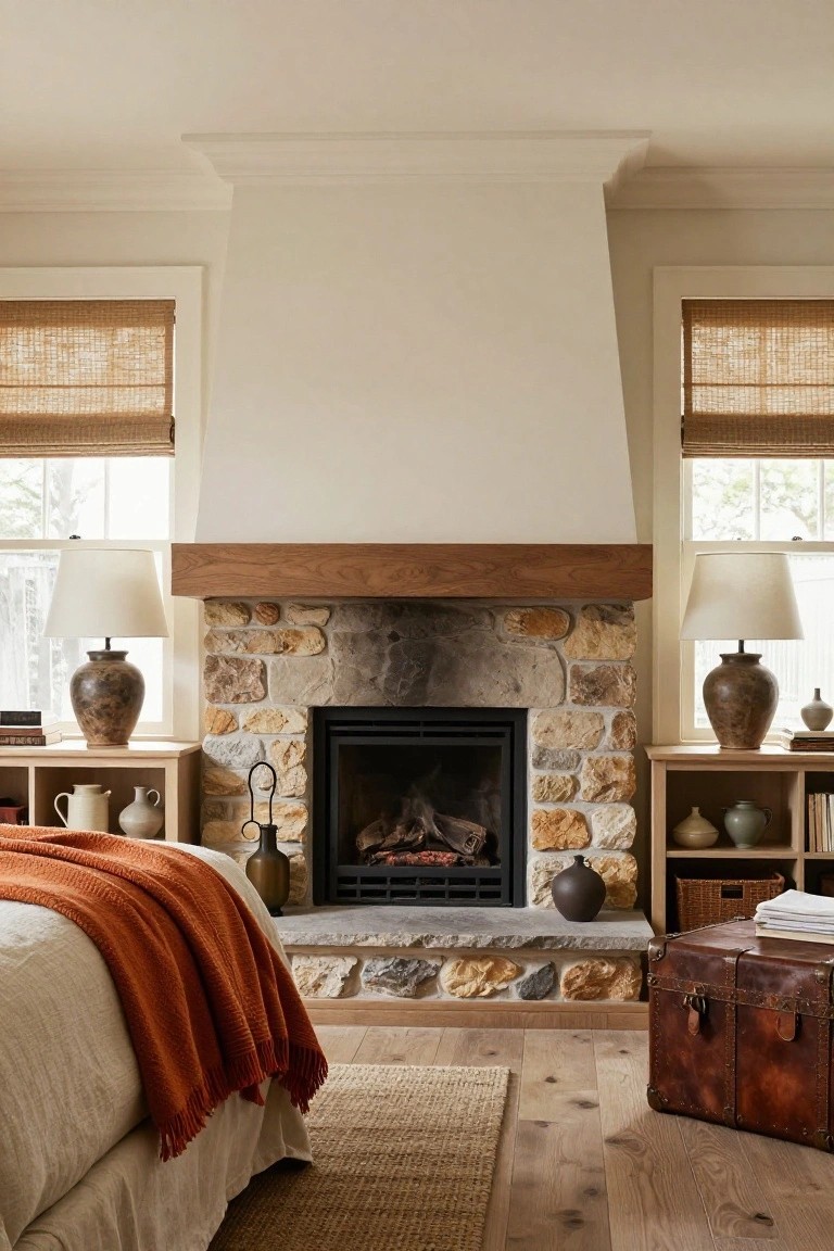 Bedroom interior with central stone fireplace under wood mantel and flanked by built-in shelves holding lamps, pottery, and books, beside a bed with orange throw blanket on hardwood floor with seagrass rug.