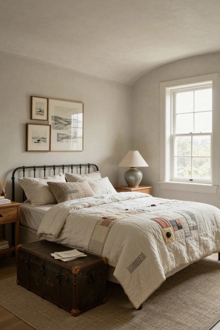 Cozy bedroom featuring a quilted bedspread, wooden furniture, and framed wall art.