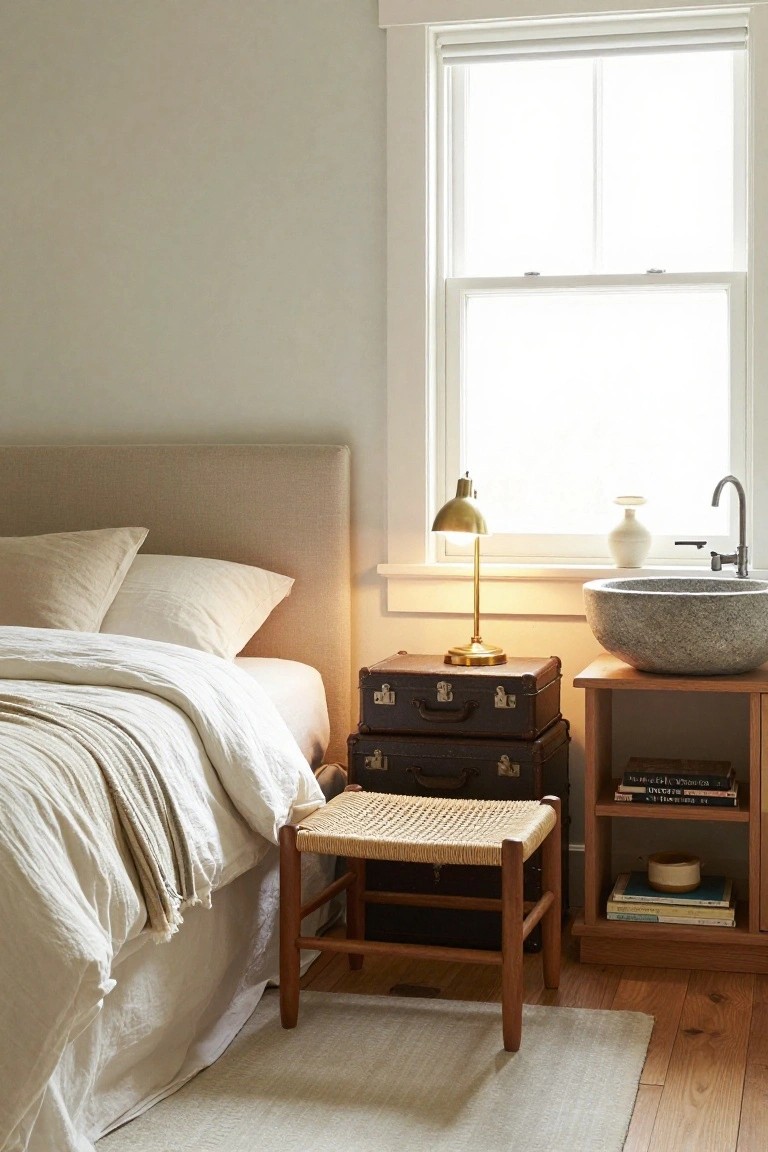 Bedroom corner showing a bed with white linens, two stacked brown vintage suitcases used as nightstand with brass lamp on top, woven wood stool, stone sink on wooden shelf, and window with roller shade.