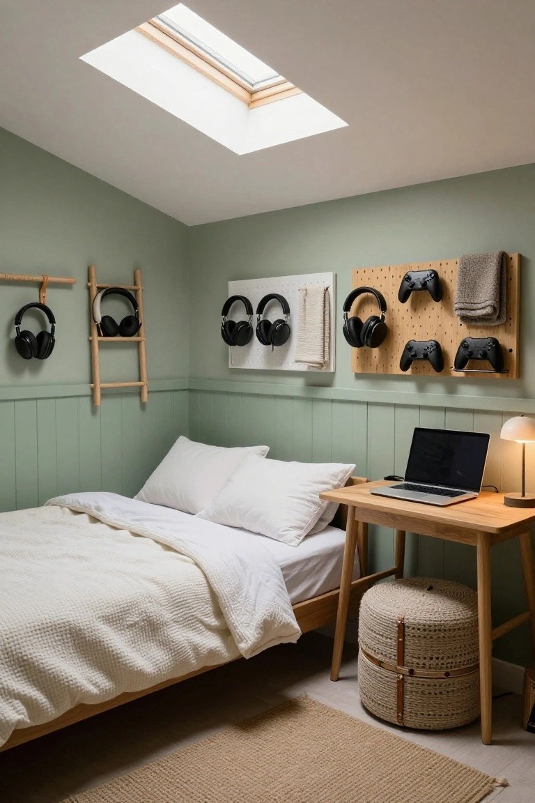 Sage green attic-style bedroom with sloped ceiling, skylight, single bed with white bedding, wooden desk holding MacBook laptop and lamp, and wall racks including pegboard displaying gaming headsets and controllers plus a ladder rack for more headsets.