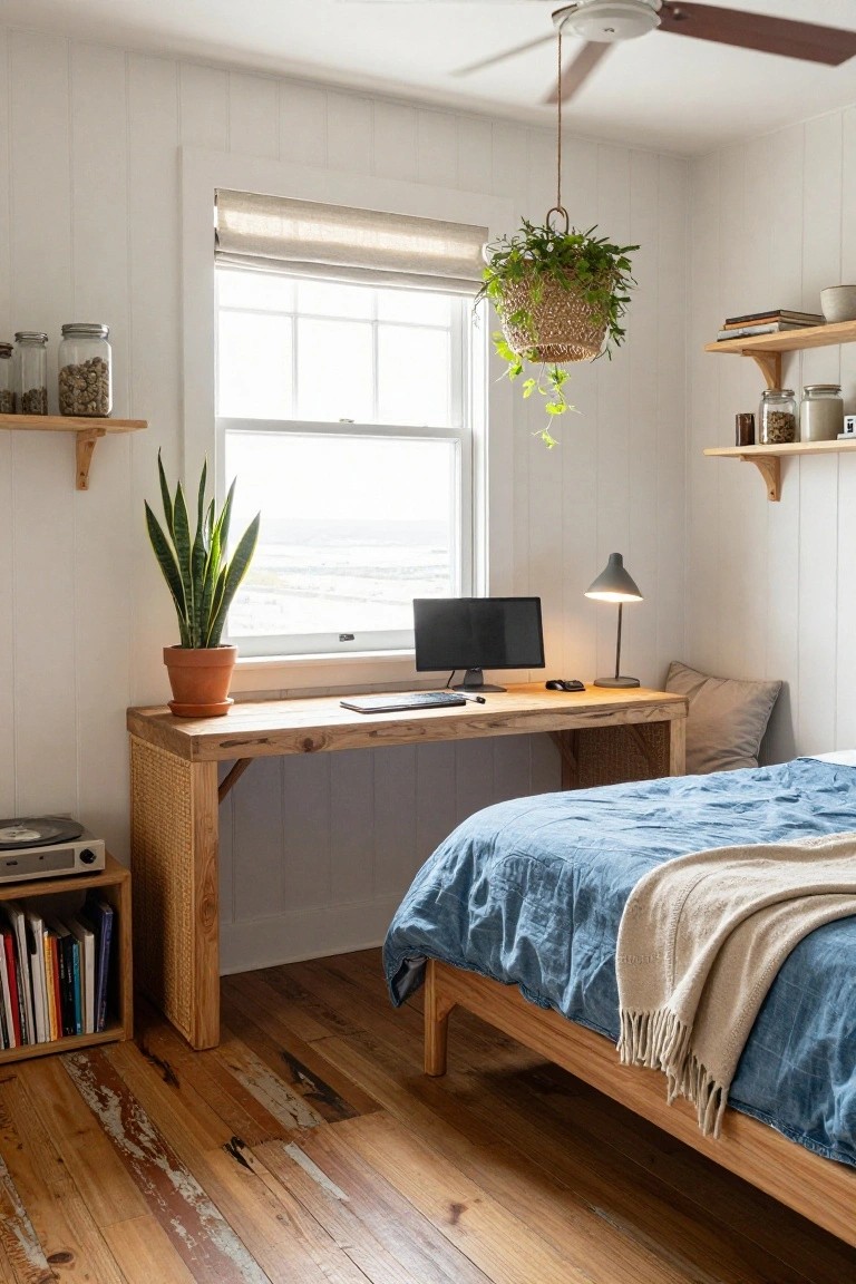White shiplap-walled bedroom with wooden desk holding computer monitor next to blue bed, snake plant in terracotta pot, hanging basket plant, shelves with jars, and window showing ocean view.