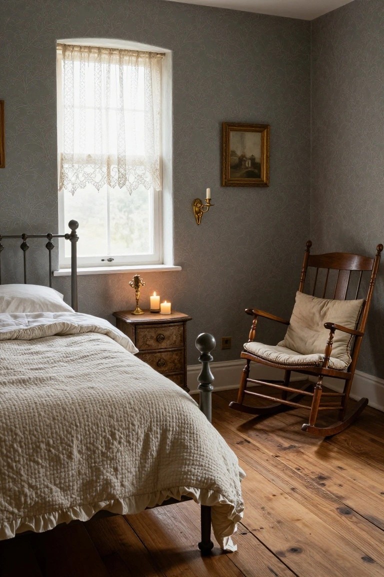 Bedroom interior with light grey floral wallpaper, antique black iron bed draped in white ruffled quilt, wooden nightstand holding brass candlestick and two white candles, gold wall sconce, and beige-cushioned wooden rocking chair on hardwood floor.