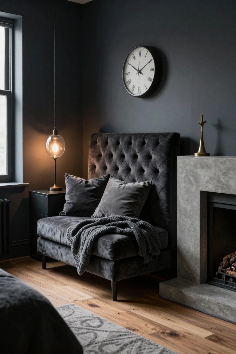 Dark grey bedroom corner with tufted charcoal velvet loveseat on wood floor beside concrete fireplace, two pillows and throw blanket on seat, black side table with lamp, wall clock, and brass candlestick.
