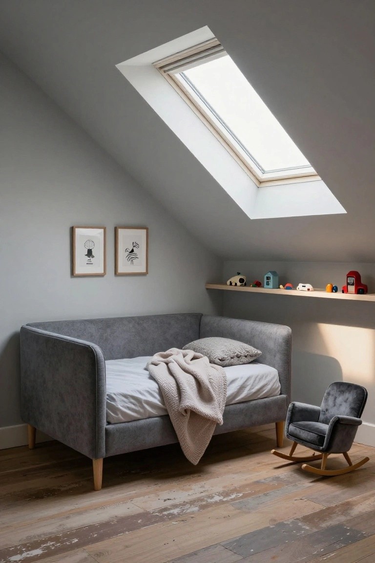 Grey fabric daybed with white sheets, cream throw, and pillows in a light grey attic children's bedroom featuring sloped ceiling, skylight, two framed black line drawings, wooden toy shelf, small grey rocking chair, and worn wood plank floors.