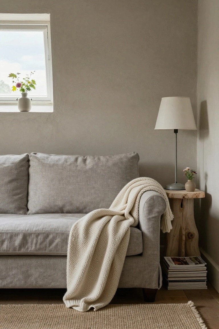 Light grey linen sofa with white chunky knit blanket draped over the arm and seat, next to a lamp on a rustic wooden stump side table holding a vase of flowers and stacked magazines, in a beige-walled room with a window displaying a vase of flowers and a seagrass rug on the floor.