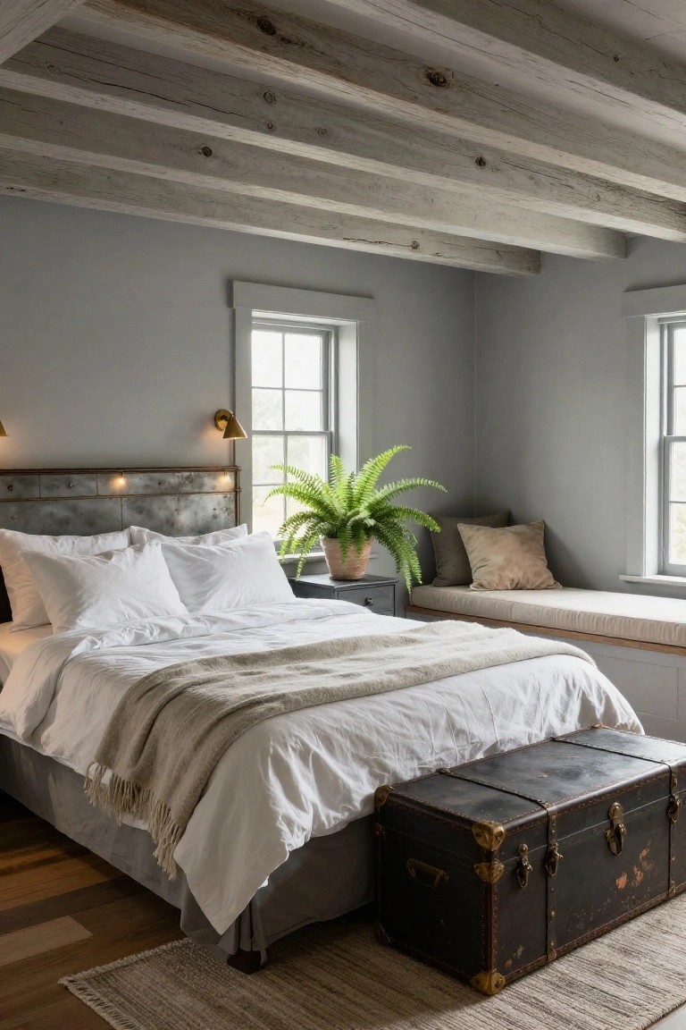 A light grey bedroom with exposed wooden ceiling beams, metal headboard bed with white linens and beige throw, window seat, fern plant on nightstand, vintage black trunk, and hardwood floors.