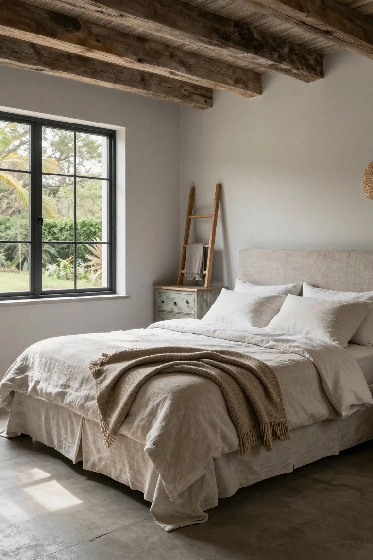 Bedroom interior featuring exposed dark wooden beams on the ceiling, pale grey walls, a bed with white linen sheets and beige throw, wooden ladder shelf next to an antique dresser, and a large black-framed window overlooking a garden.