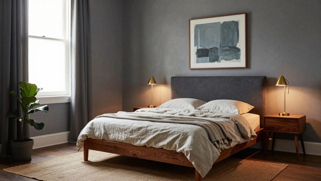 22 Cozy Grey Bedroom Ideas That Look Effortless Corner of a grey bedroom with low-profile walnut platform bed draped in white linen sheets and grey plaid throw, brass wall sconce on wooden nightstand, ficus plant by window with sheer curtains, abstract grey artwork, seagrass rug on wood floor.