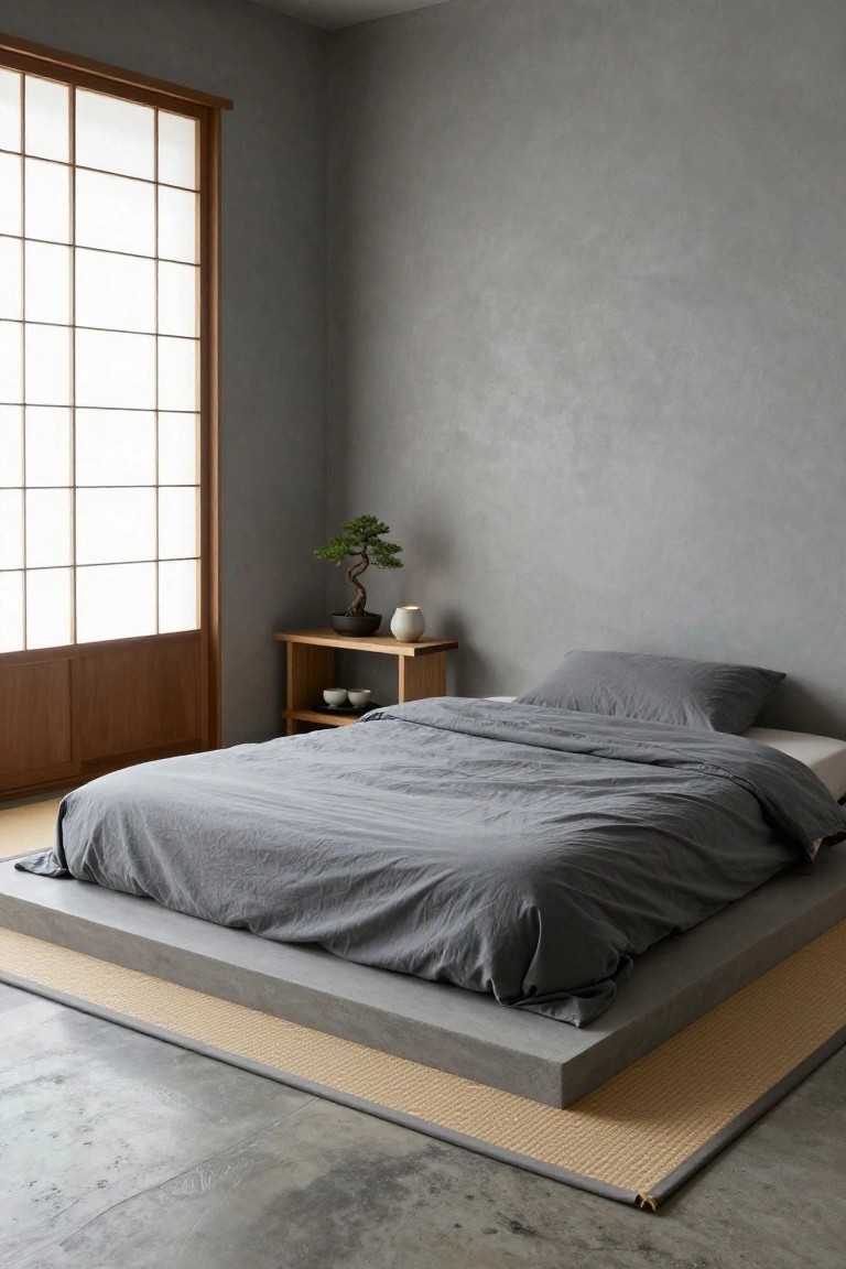 A minimalist bedroom with light grey walls, shoji screen window, low concrete platform bed with grey linens, wooden nightstand holding a bonsai tree and white ceramic pots, and beige tatami mat on polished concrete floor.