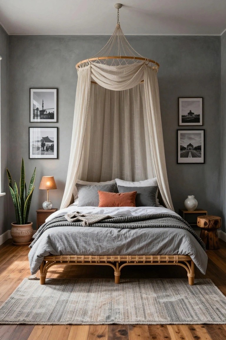 A bedroom with light gray textured walls, a rattan bed frame under a large round wooden canopy draped with white sheer fabric, gray bedding with orange pillows, a bedside lamp, snake plant in terracotta pot, wooden stool, and black-and-white photos on the wall.