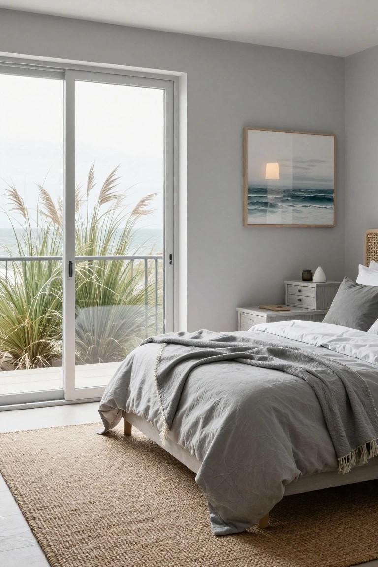 Grey bedroom with sliding glass doors to balcony, bed dressed in white sheets and grey linens with throw, rattan headboard, white nightstand, and seagrass rug.