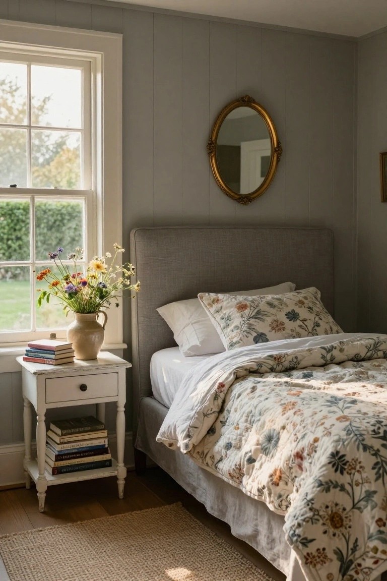 A cozy bedroom with light grey vertical plank walls, a tufted grey headboard bed covered in white sheets and a floral quilt, a white wooden nightstand topped with stacked books and a terracotta vase of wildflowers, beside a multi-pane window overlooking a garden.