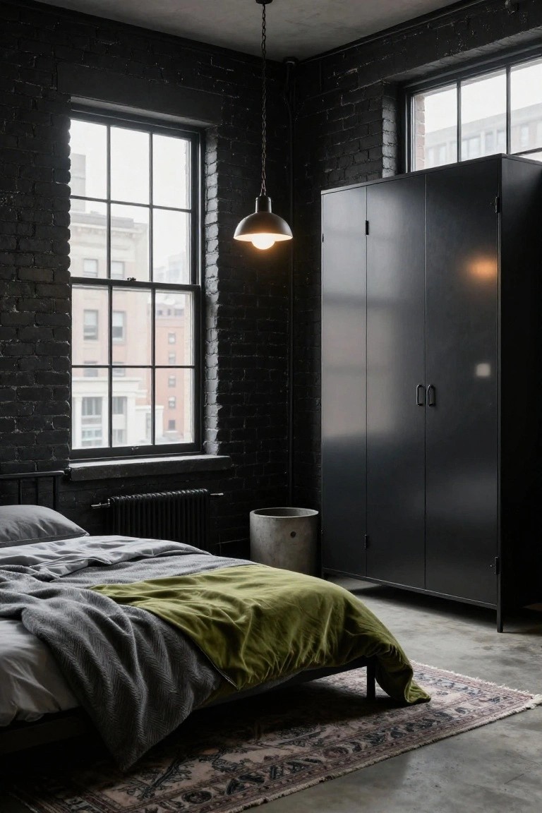 Exposed brick corner bedroom with low platform bed covered in grey sheets and green velvet throw, tall black wardrobe, pendant light, and concrete bucket beside radiator.