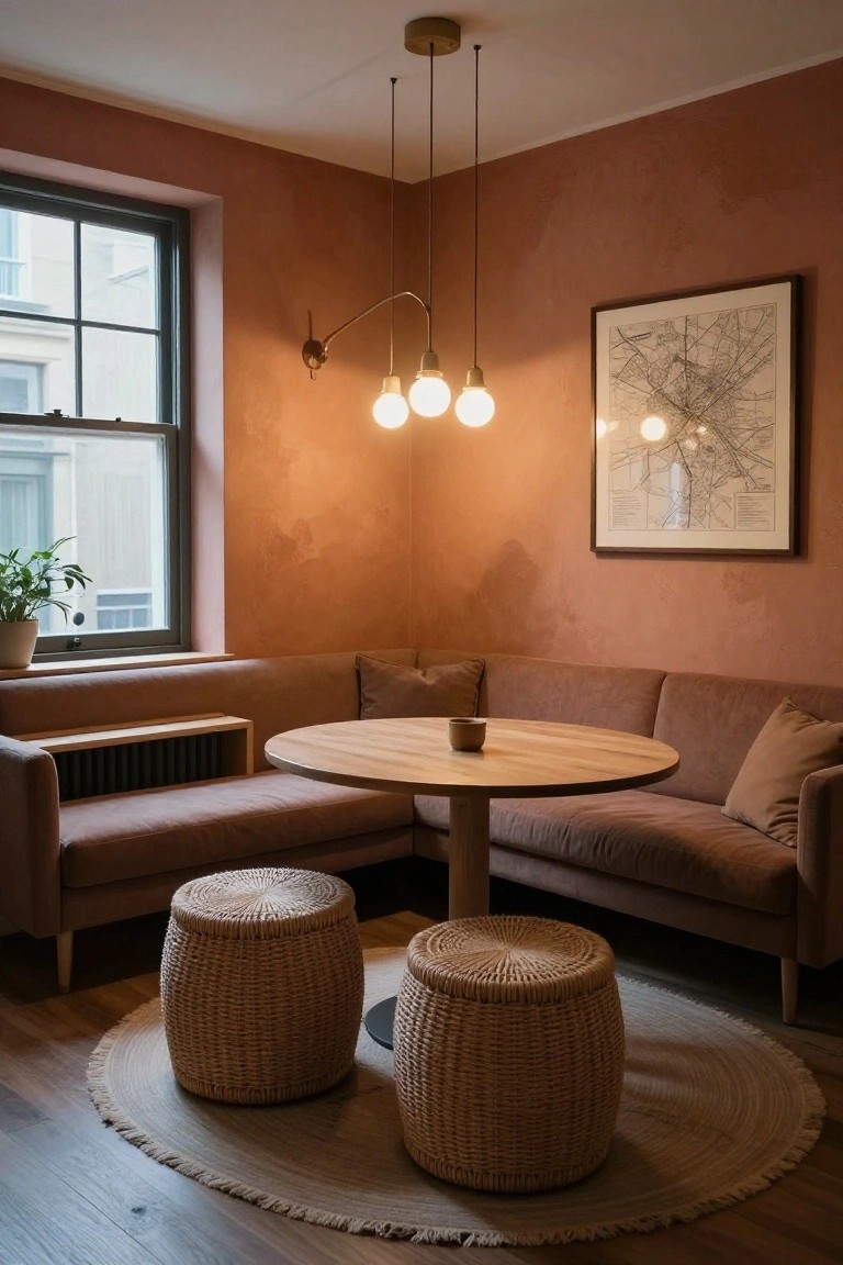Corner seating area in a room with terracotta plaster walls, featuring an L-shaped beige sofa, round wooden table with a cup, two rattan poufs on a round rug, pendant lights, a potted plant, and a framed city map.