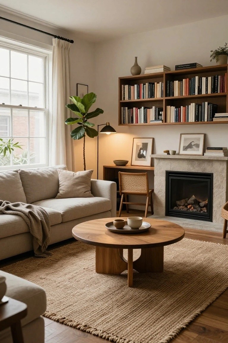 Living room with beige sofa facing stone fireplace, round wooden coffee table on jute rug, wooden bookshelves filled with books, potted plants, and desk nearby large window.