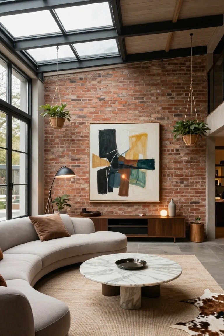 Spacious living room with curved light gray sectional sofa facing round white marble coffee table, wooden media console, large abstract painting on exposed brick wall, hanging plants, arc floor lamp, and skylight ceiling.