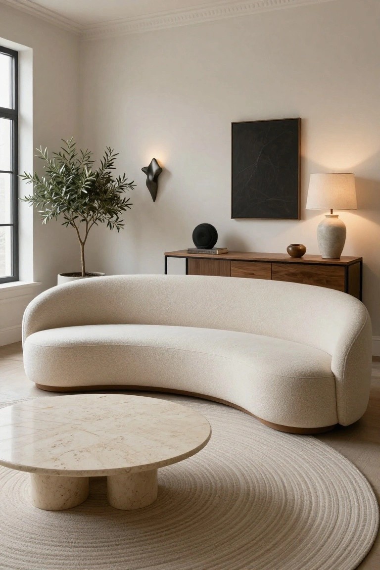 A light-colored curved bouclé sofa faces a round travertine coffee table on a seagrass rug in a minimalist living room with a wooden credenza, olive tree, abstract wall art, and ceramic lamps.
