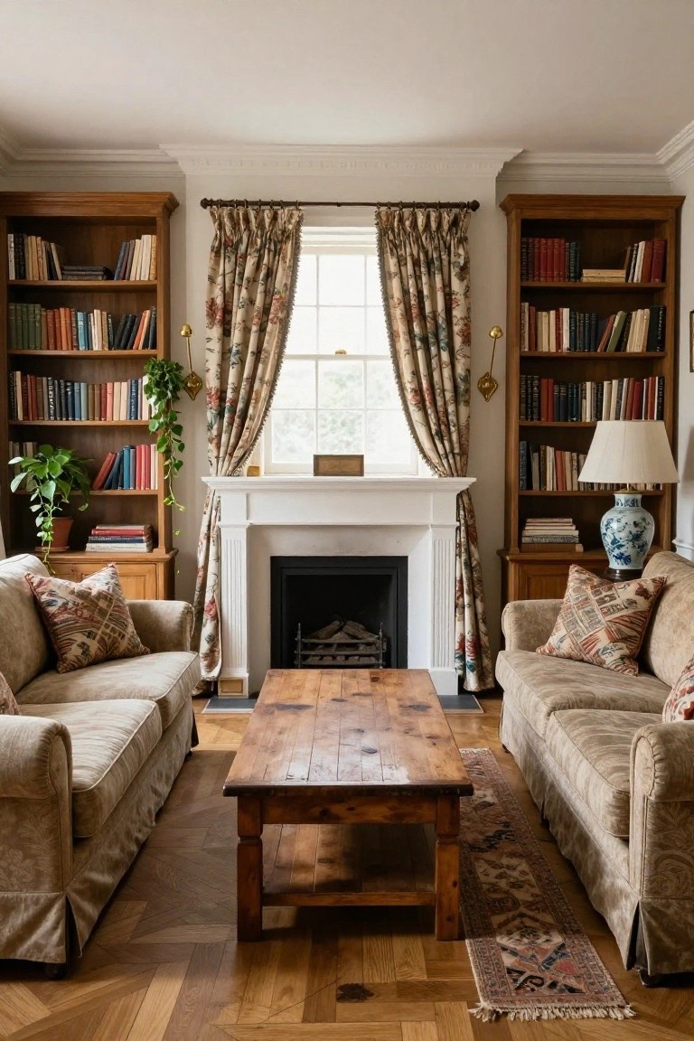 A living room with two beige upholstered sofas facing each other across a rustic wooden coffee table on a parquet floor, flanked by tall wooden bookshelves, a white fireplace, and a window with floral curtains.