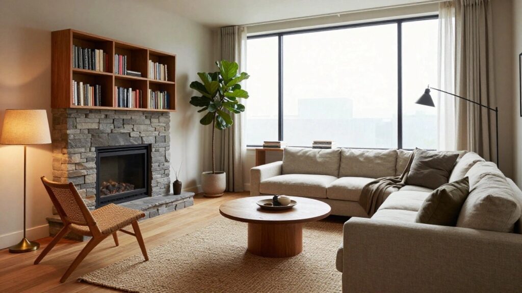 Living room with beige sofa facing stone fireplace, round wooden coffee table on jute rug, wooden bookshelves filled with books, potted plants, and desk nearby large window.