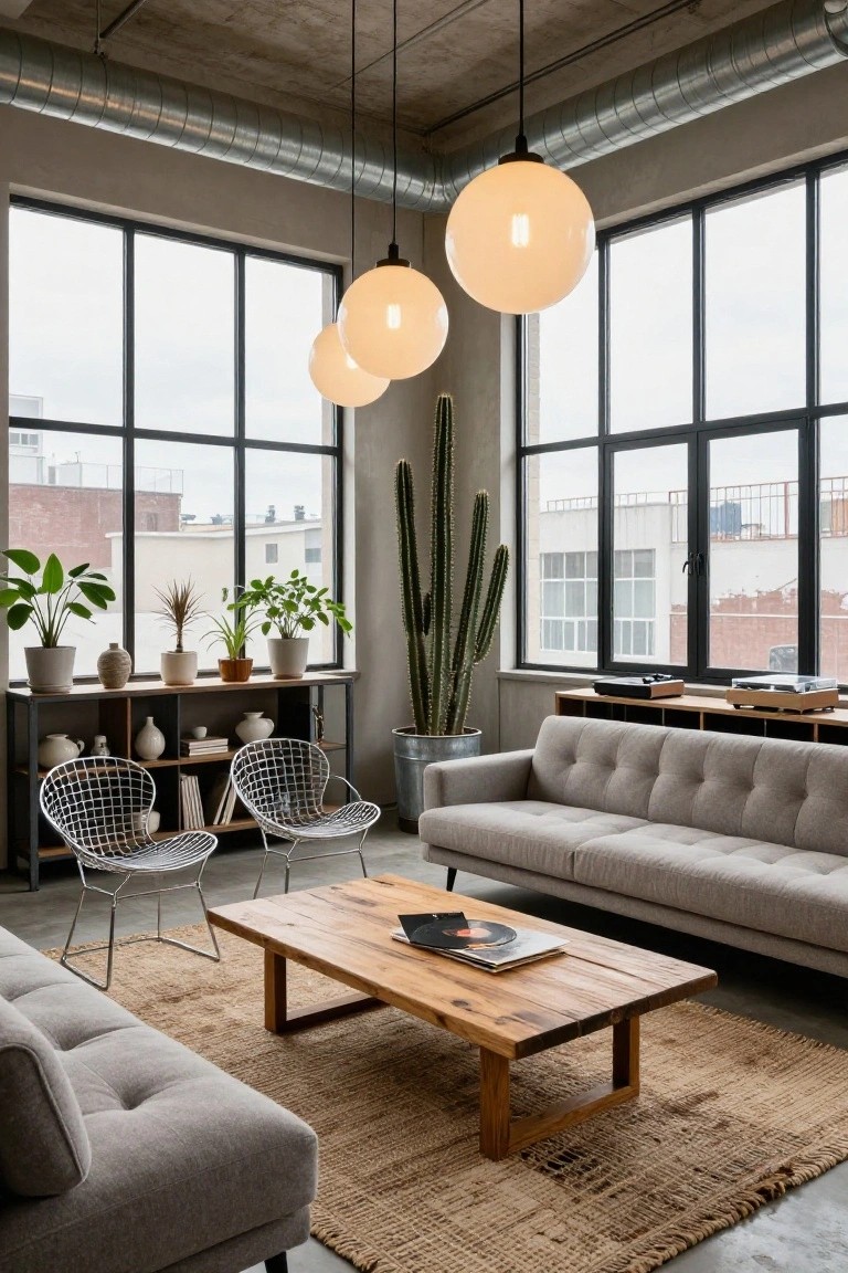 A loft-style living room with exposed ductwork, three hanging globe lights, large black-framed windows, gray tufted sofas, white wireframe chairs, a low wooden coffee table, metal shelving with plants and ceramics, and a tall potted cactus.