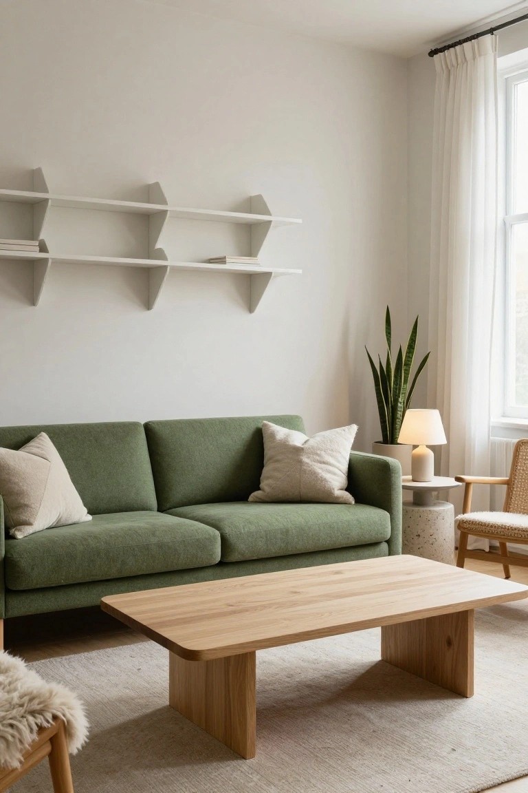 A light-filled living room with a green two-seater sofa, low rectangular oak coffee table, floating white triangular shelves on a pale wall, snake plant on concrete side table, rattan armchair, and sheepskin pouf on a light rug near a window with sheer curtains.