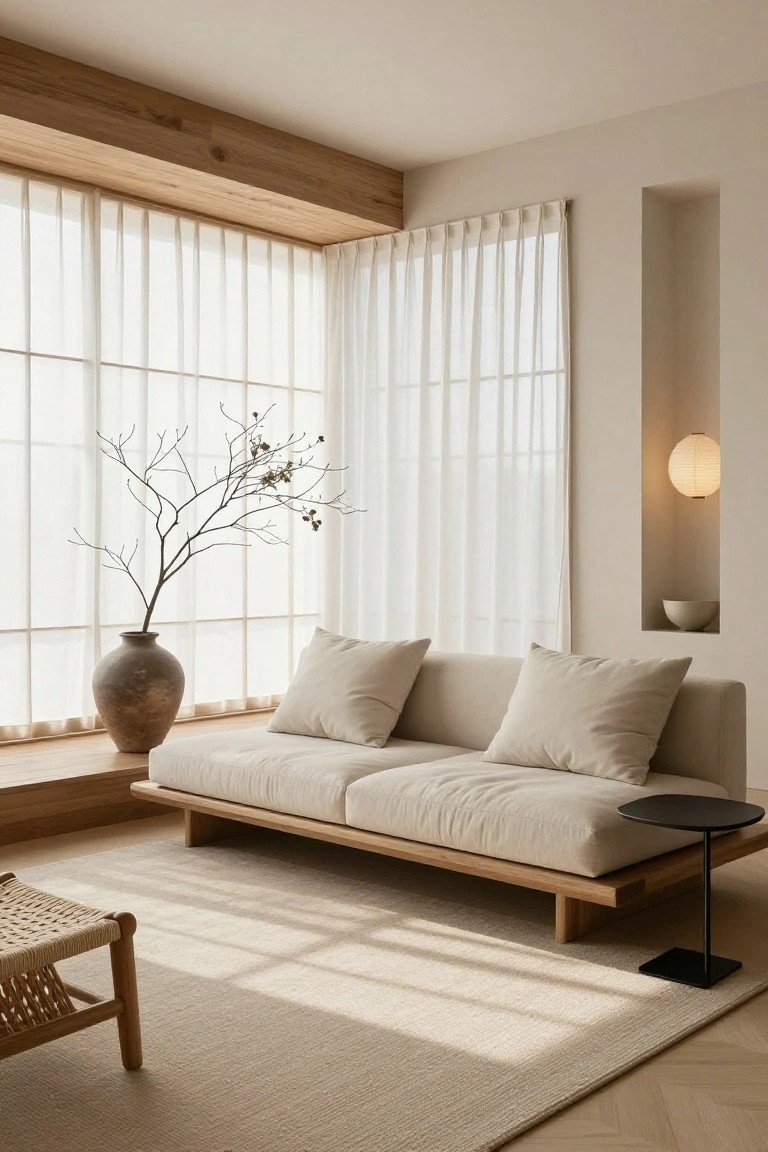 A minimalist living room with a low beige sofa on a wooden platform, sheer curtains on large grid windows, a tall terracotta vase holding bare branches, a black metal side table, and a rattan stool on a light rug over oak floors.