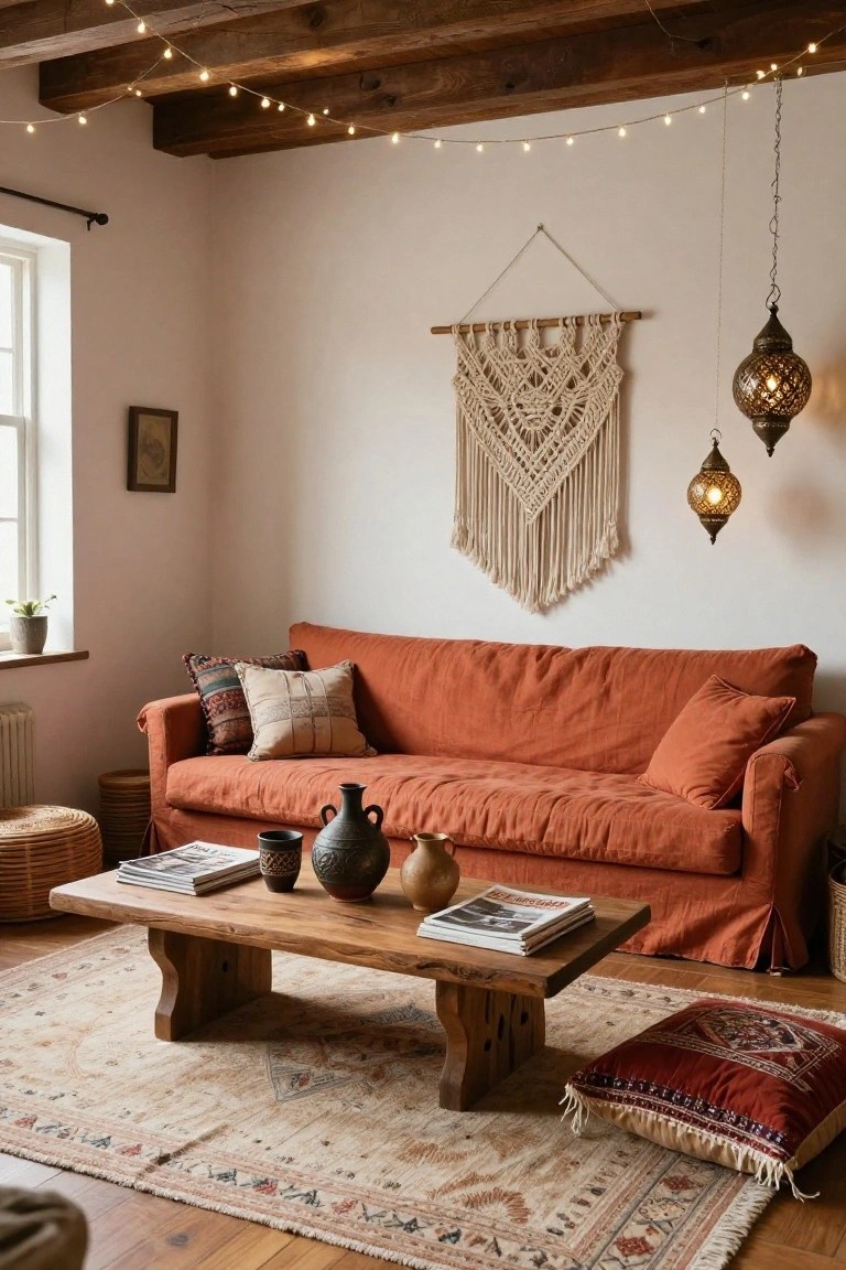Cozy living room with exposed wooden beams and string lights overhead, white walls with macrame hanging and hanging lanterns, orange linen sofa with patterned pillows, low rustic wooden coffee table holding pottery vases books and magazines, woven baskets, and large beige patterned rug on wood floor.