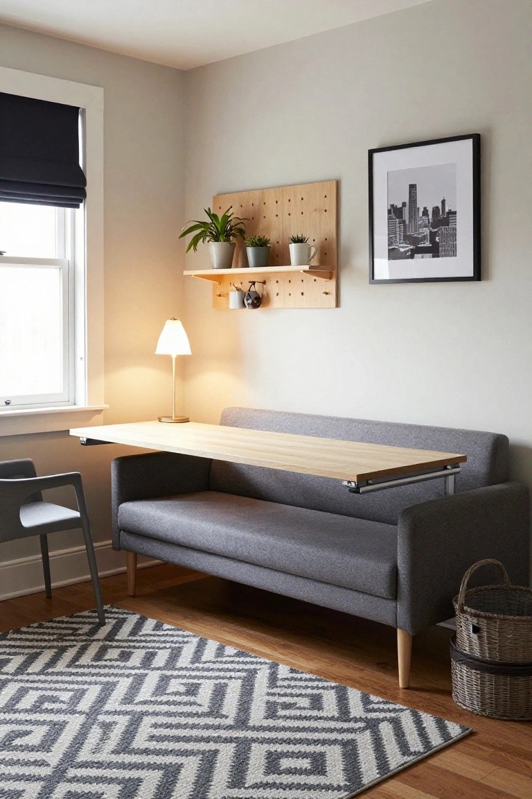 Gray fabric sofa in a light gray room with a light wood table extending horizontally from its side, a black molded chair, wooden pegboard shelf holding plants and pots, table lamp on floor, and wicker basket nearby.