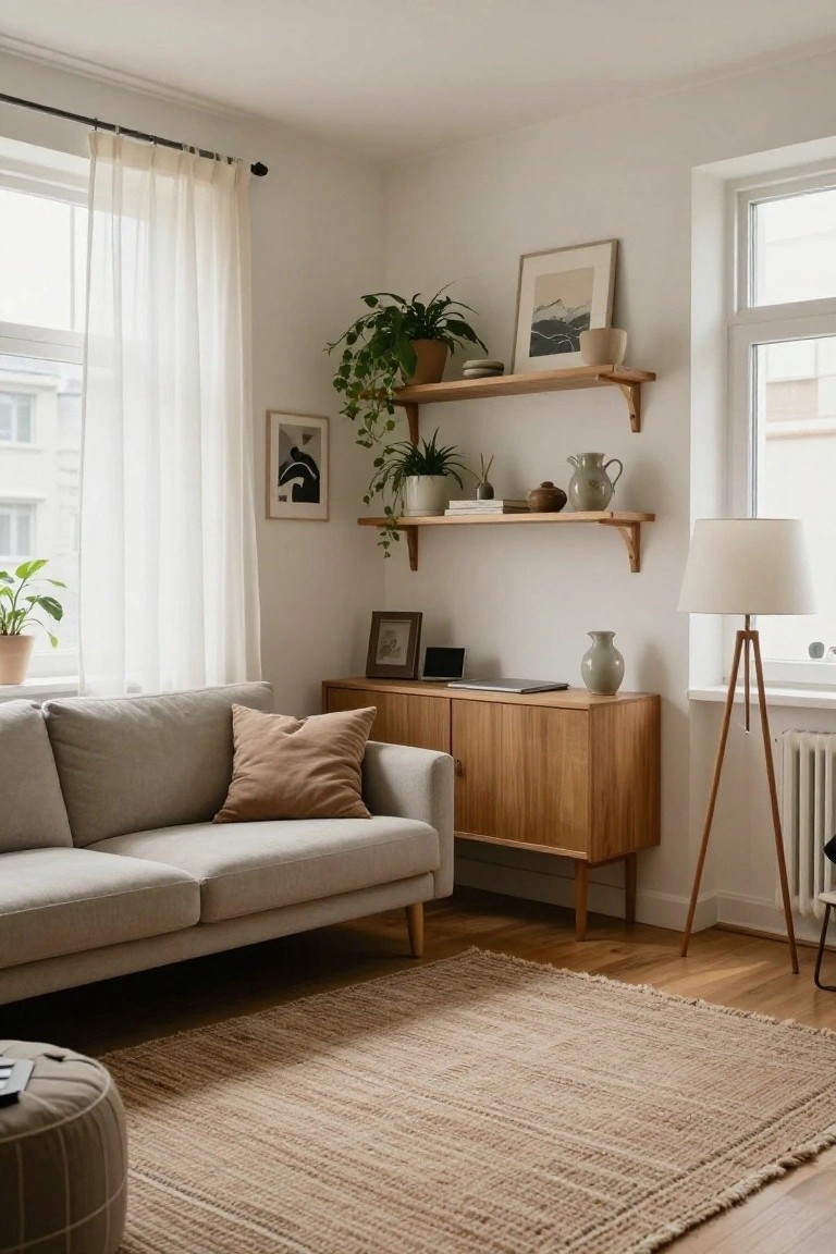 Living room corner with light gray sofa, wooden sideboard, floating shelves with plants and ceramics, sheer curtains on windows, tripod floor lamp, and gray fabric pouf on beige seagrass rug beside wooden floor.