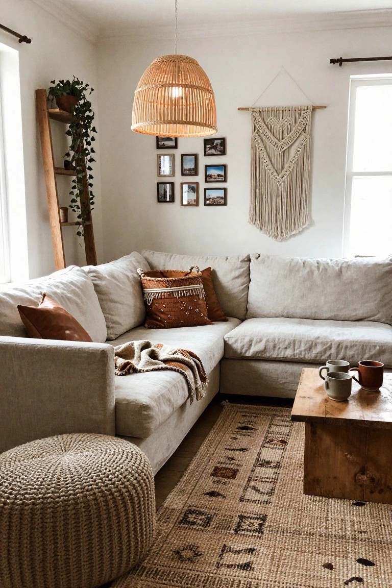 A light linen L-shaped sofa in a corner living room with a knitted cream pouf beside it, wooden coffee table holding mugs, rattan pendant light, macrame wall hanging, plant ladder, and patterned rug.