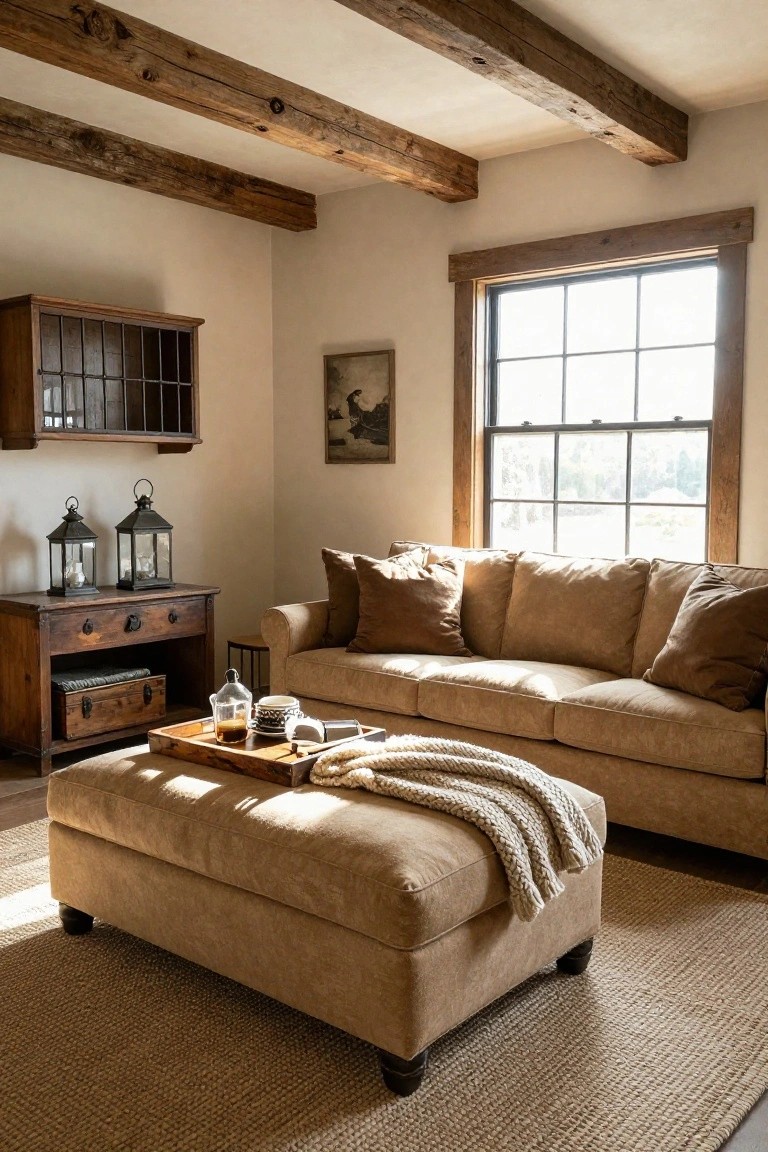 Cozy living room with exposed wooden ceiling beams, beige sofa with tan pillows, large beige ottoman topped with wooden tray holding teapot and cups, wooden side table with lanterns, and large window letting in sunlight.