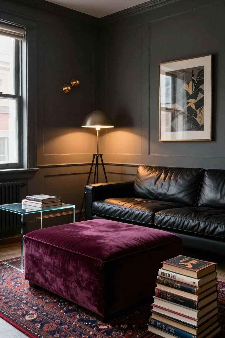 Moody gray living room interior with black leather sofa, purple velvet footstool topped with stacked books, clear glass side table, brass tripod floor lamp, and red Persian rug.