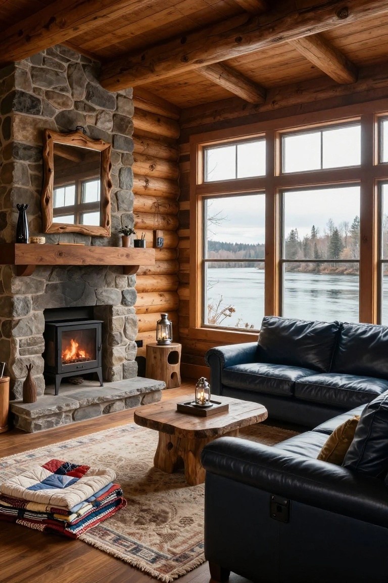 Log cabin living room interior with wooden walls and beamed ceiling, large stone fireplace containing a wood-burning stove, navy leather L-shaped sofa, wooden coffee table, layered rugs and blankets, and large windows overlooking a lake.