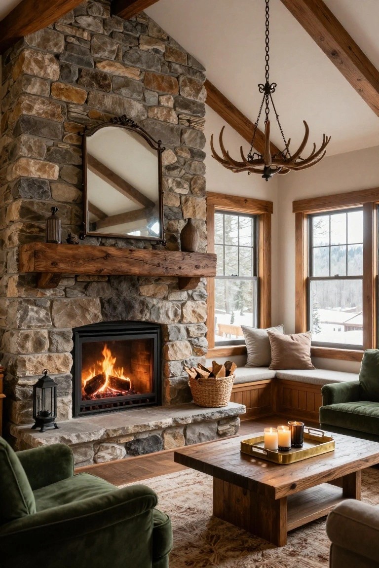 Rustic living room interior with tall stone fireplace, wooden mantel, antler chandelier, green armchairs, wooden coffee table, window seat, and view of snowy landscape outside.