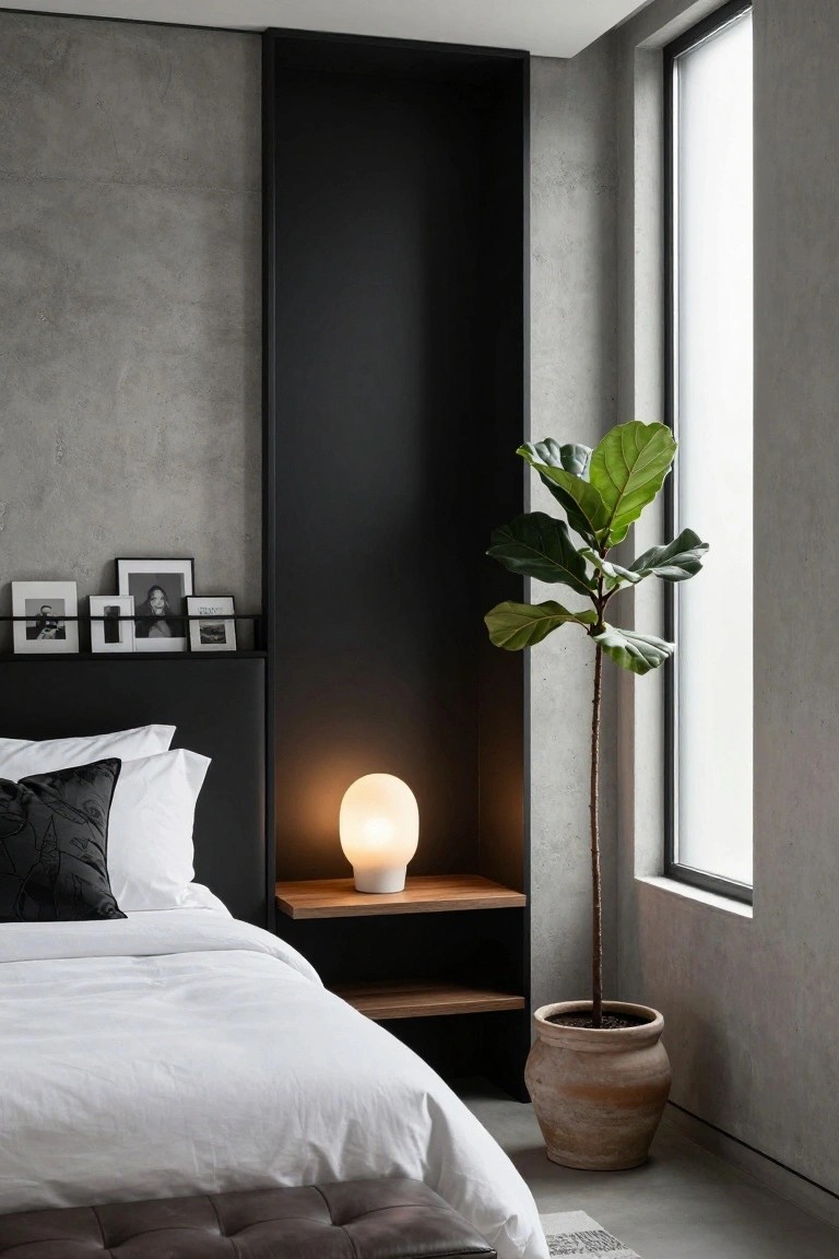 Modern small bedroom featuring gray concrete walls, black vertical built-in unit with shelves and headboard, white bed with black pillow, wooden bedside shelf holding a white lamp, large potted green plant in terracotta pot by large window, and brown leather bench at bed foot.