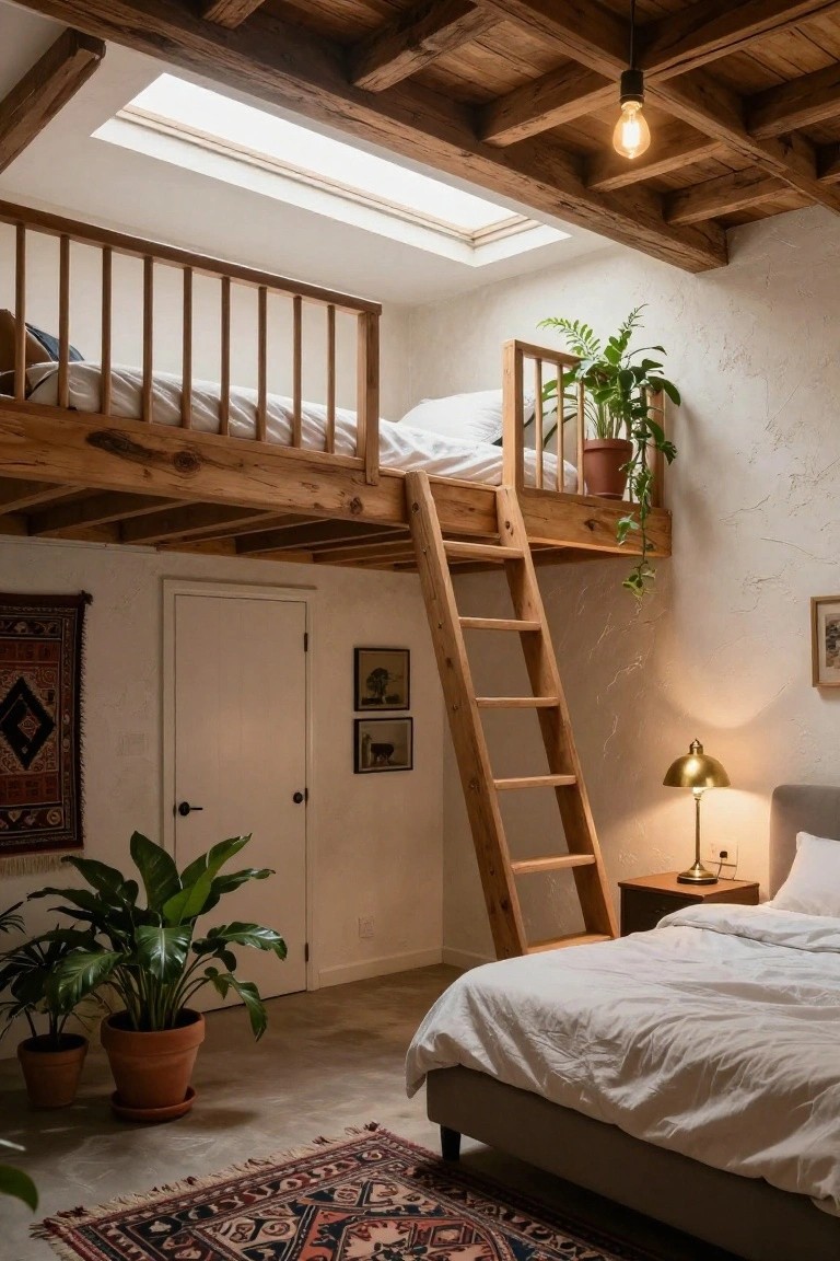 Small bedroom with wooden loft bed and ladder above a white double bed on gray frame, potted plants, Persian rugs, artwork, white door, and skylight in beamed ceiling.