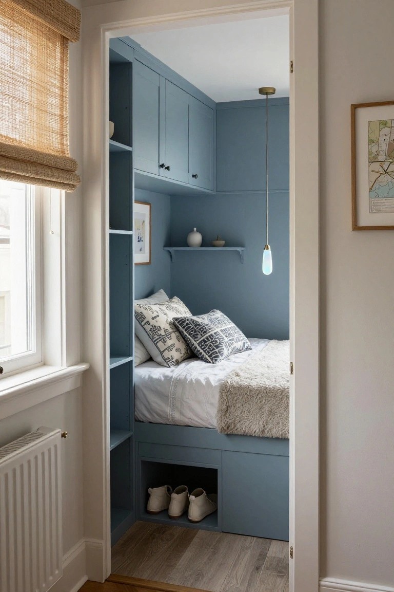A narrow bedroom alcove with a double bed integrated into blue built-in cabinetry, including open shelves, closed cabinets, under-bed shoe storage with white sneakers, a pendant light, pillows, and a fur throw, viewed from an open doorway next to a window with bamboo blind.