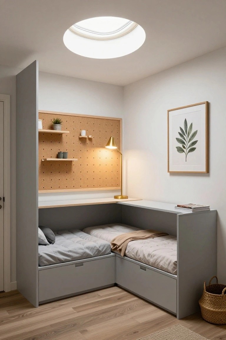 Gray built-in L-shaped corner furniture in a small bedroom with two low platform beds, a white desk, corkboard wall, gold lamp, and skylight overhead.
