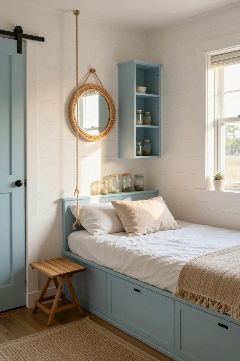 A small bedroom with white shiplap walls, a blue built-in platform bed with white bedding and underbed storage drawers, a rope-hung round rattan mirror, blue wall shelves holding jars, and a wooden stool nearby.