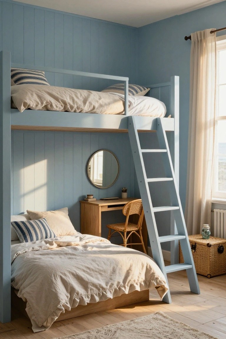 Small bedroom with light blue vertical paneled walls, white wooden bunk bed frame with ladder, upper bunk with white sheets and striped pillows, lower platform bed with ruffled white bedding and pillows, wooden desk and wicker chair under upper bunk beside ladder, round mirror on wall, sheer curtains on window, potted plants and basket.