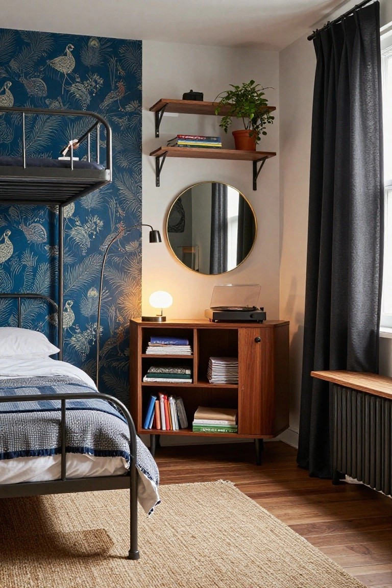 Corner of a small bedroom with a black metal bunk bed against navy wallpaper patterned with birds and ferns, lower bunk made up with gray bedding, upper bunk empty, wood wall shelves with books and plants, midcentury credenza holding a record player and more books, round mirror, arc lamp, and dark curtained window.