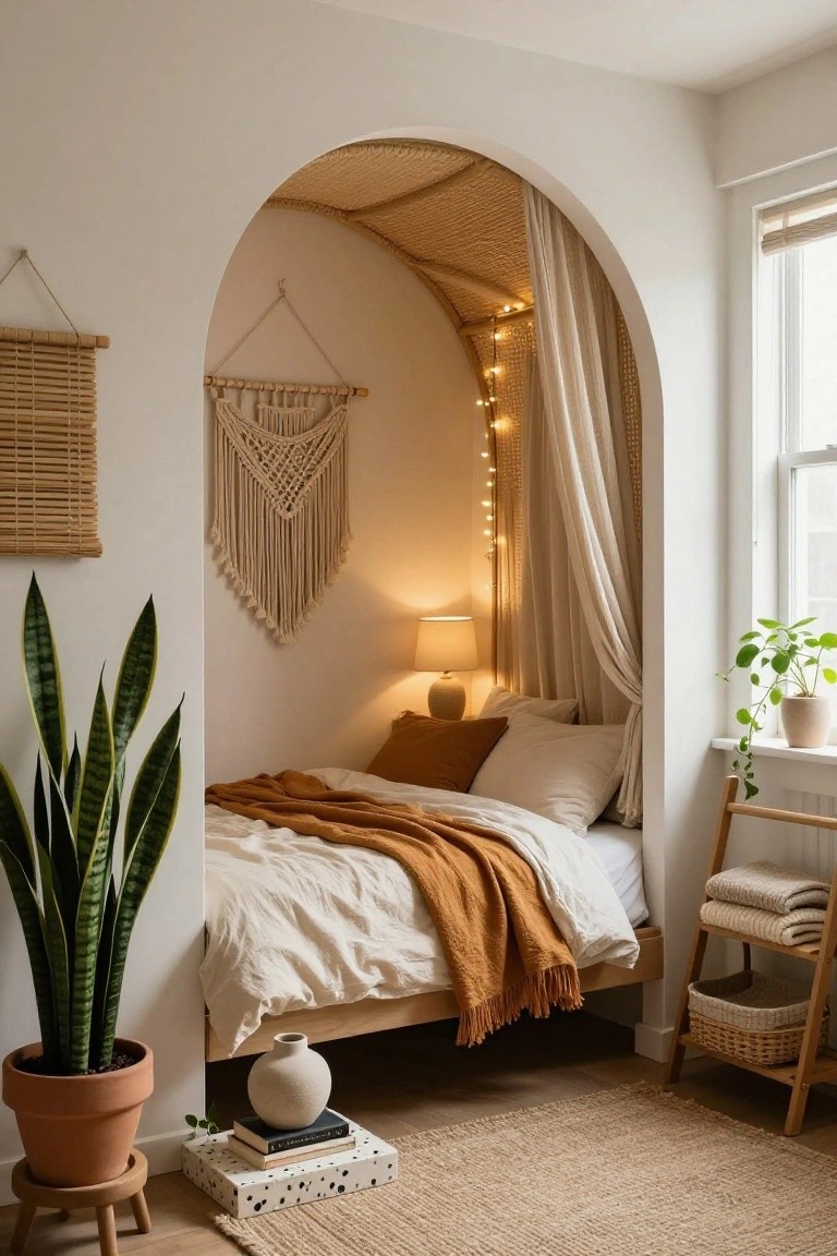 Small bedroom with a bed tucked into a white arched alcove featuring woven ceiling, sheer curtains, string lights, orange throw blanket, snake plant in terracotta pot, macrame hanging, and wooden ladder shelf by window.