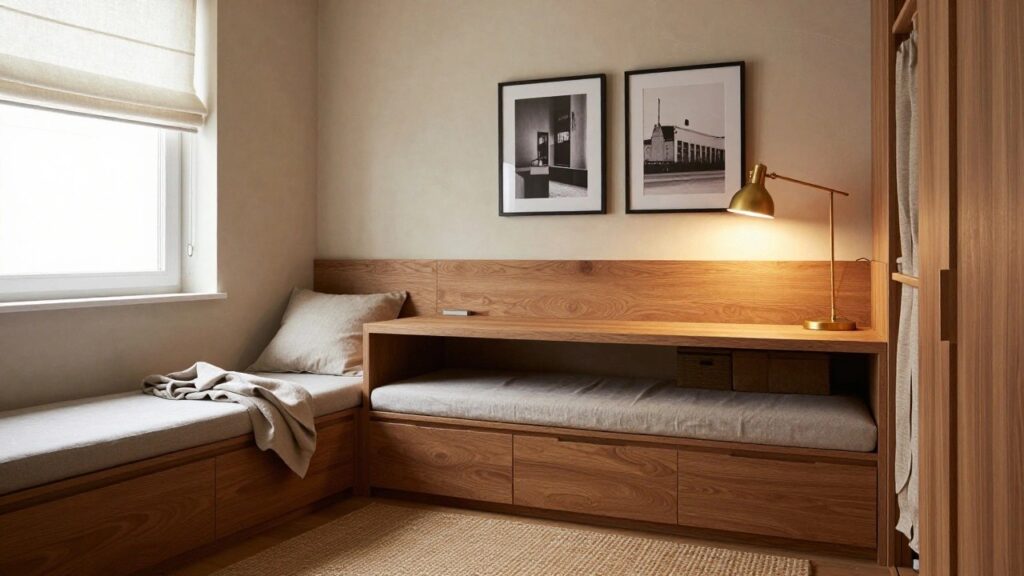 Small bedroom with beige walls, wooden platform bed featuring storage drawers underneath, adjacent wooden desk with chair, wall lamp, and window with blinds.