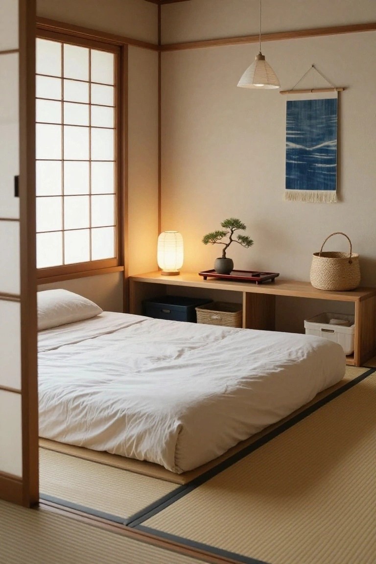 Small Japanese-style bedroom featuring a low white futon bed on tatami mats, wooden built-in shelves with storage baskets, a bonsai tree on a tray, a paper lantern lamp, and shoji screen walls with a sliding door.