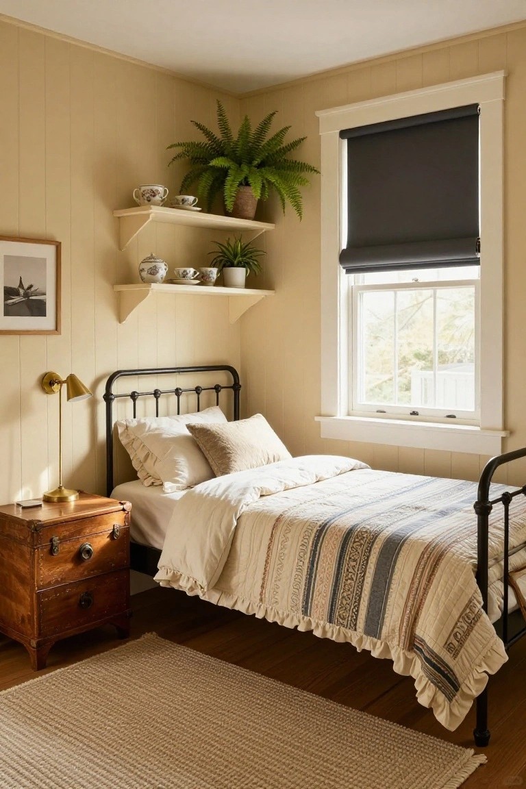 Small corner bedroom with beige paneled walls, black iron single bed dressed in white ruffled bedding and quilt, wooden nightstand with lamp, floating shelves holding ferns plants and teacups, and window with black roller shade.