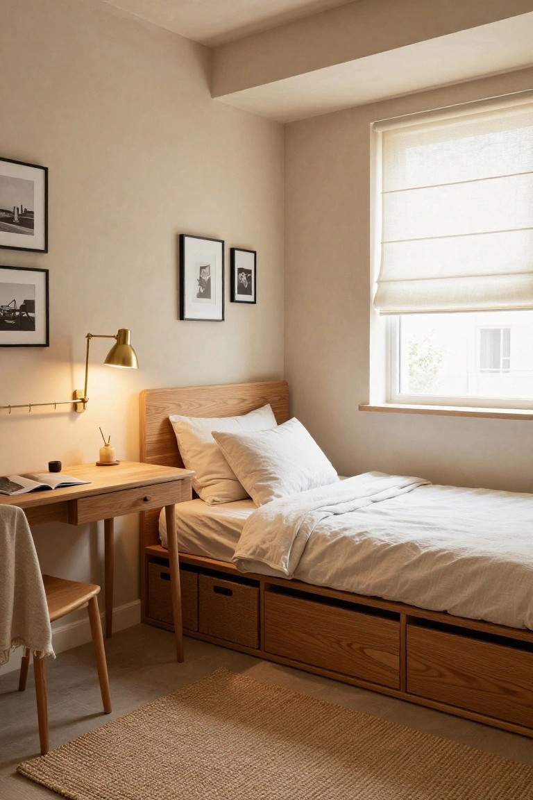 Small bedroom with beige walls, wooden platform bed featuring storage drawers underneath, adjacent wooden desk with chair, wall lamp, and window with blinds.