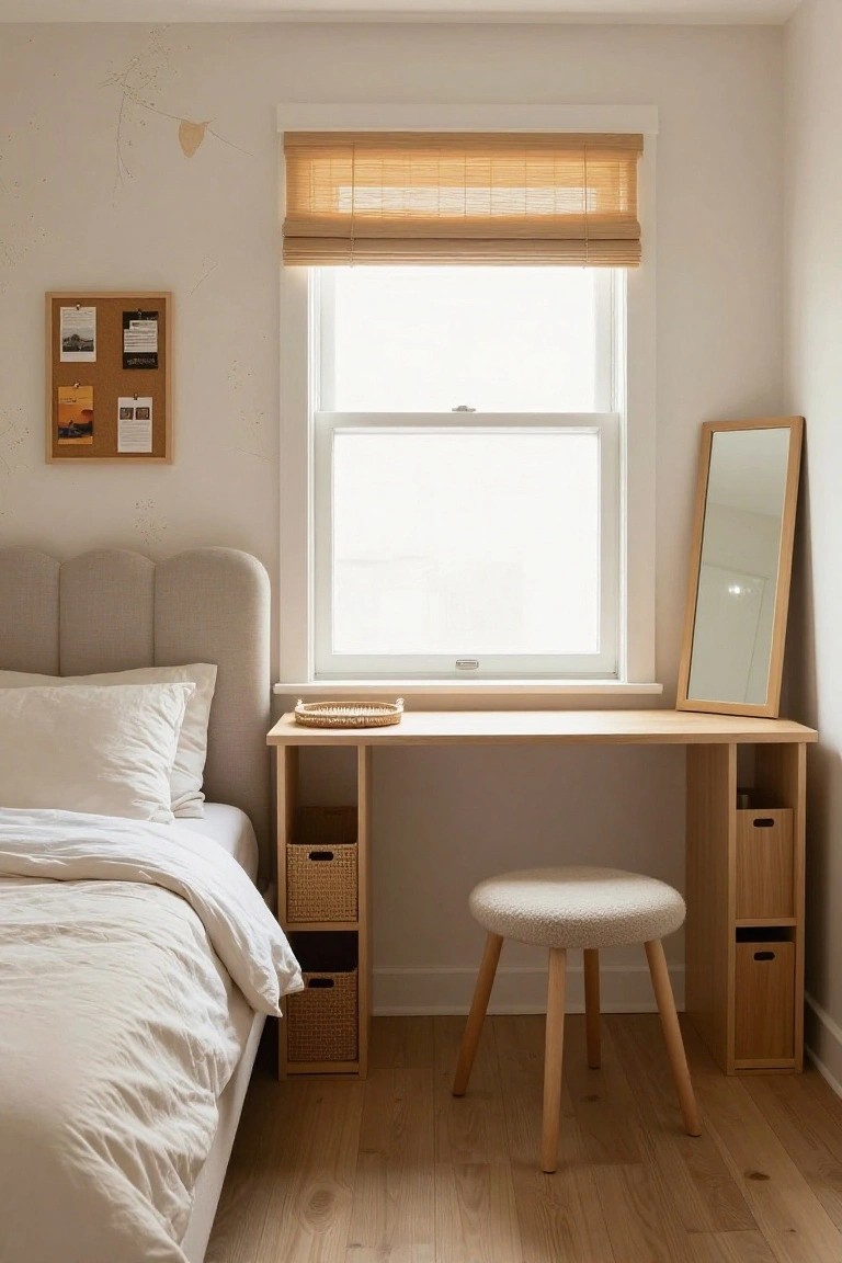 Small bedroom with beige tufted headboard bed, wooden L-shaped corner desk with cubbies holding woven baskets, round white pouf stool, tall mirror, corkboard, bamboo window shade, and light wood floors.