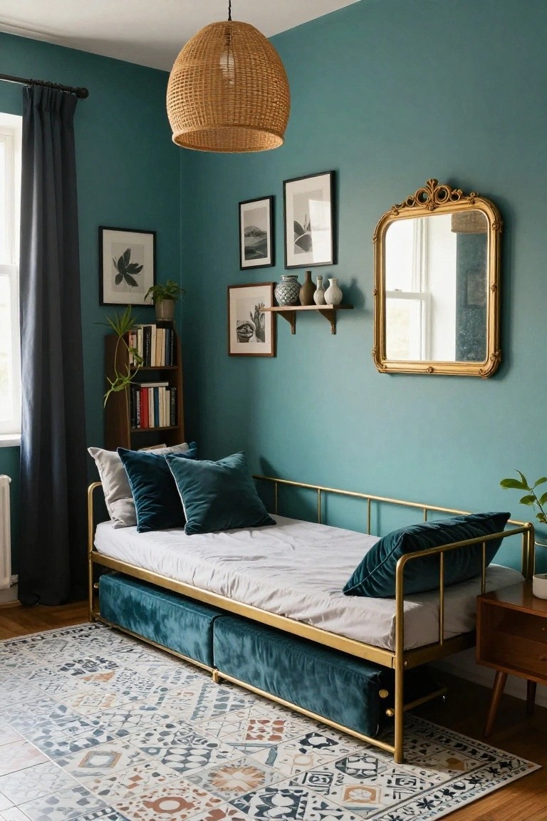 Small bedroom with teal walls, gold metal daybed frame upholstered in teal velvet with white sheets and pillows, under-bed storage drawers, woven pendant light, gold-framed mirror, bookshelf, plants, and patterned rug on wood floor.
