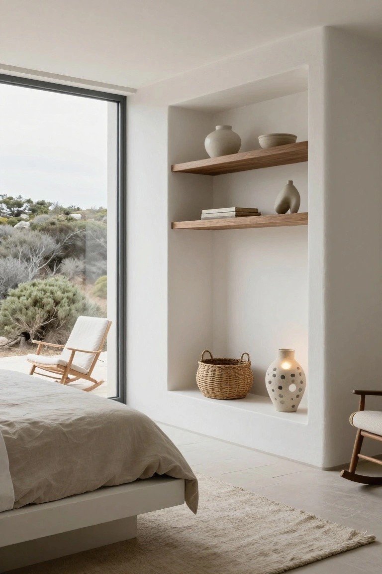 A minimalist bedroom with low white platform bed draped in beige linens, recessed wall niches on wood shelves holding white ceramics and woven baskets, wooden chairs, and large window showing scrubby coastal landscape.